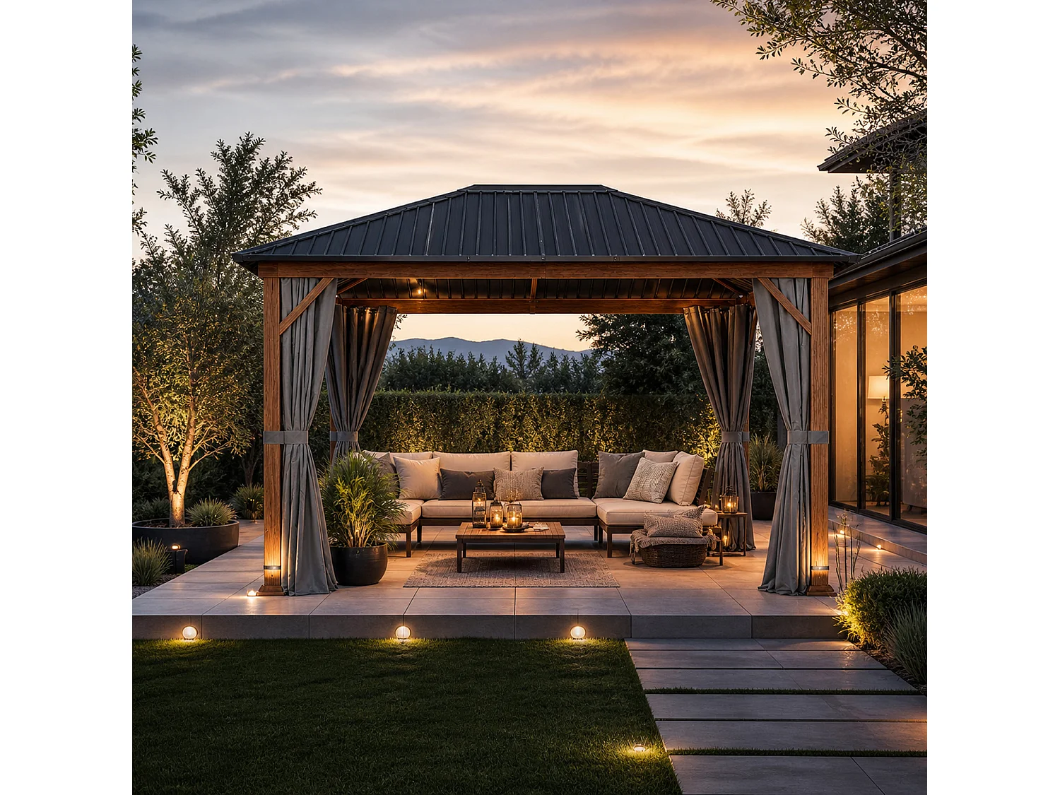 Gazebo Da Giardino Metri Con Copertura In Acciaio Zincato Struttura Decorazione Effetto Legno E Tende Laterali Impermeabili Per Patio Effetto Legno E Grigio