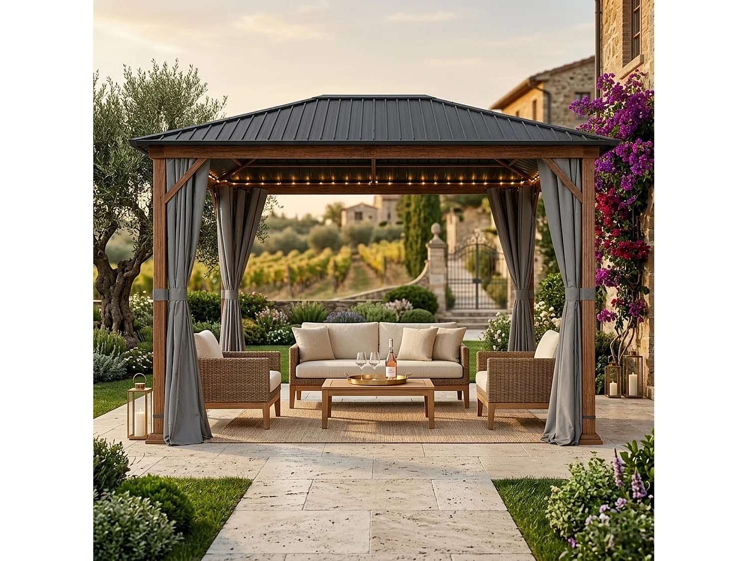 Gazebo Da Giardino Metri Con Copertura In Acciaio Zincato Struttura Decorazione Effetto Legno E Tende Laterali Impermeabili Per Patio Effetto Legno E Grigio