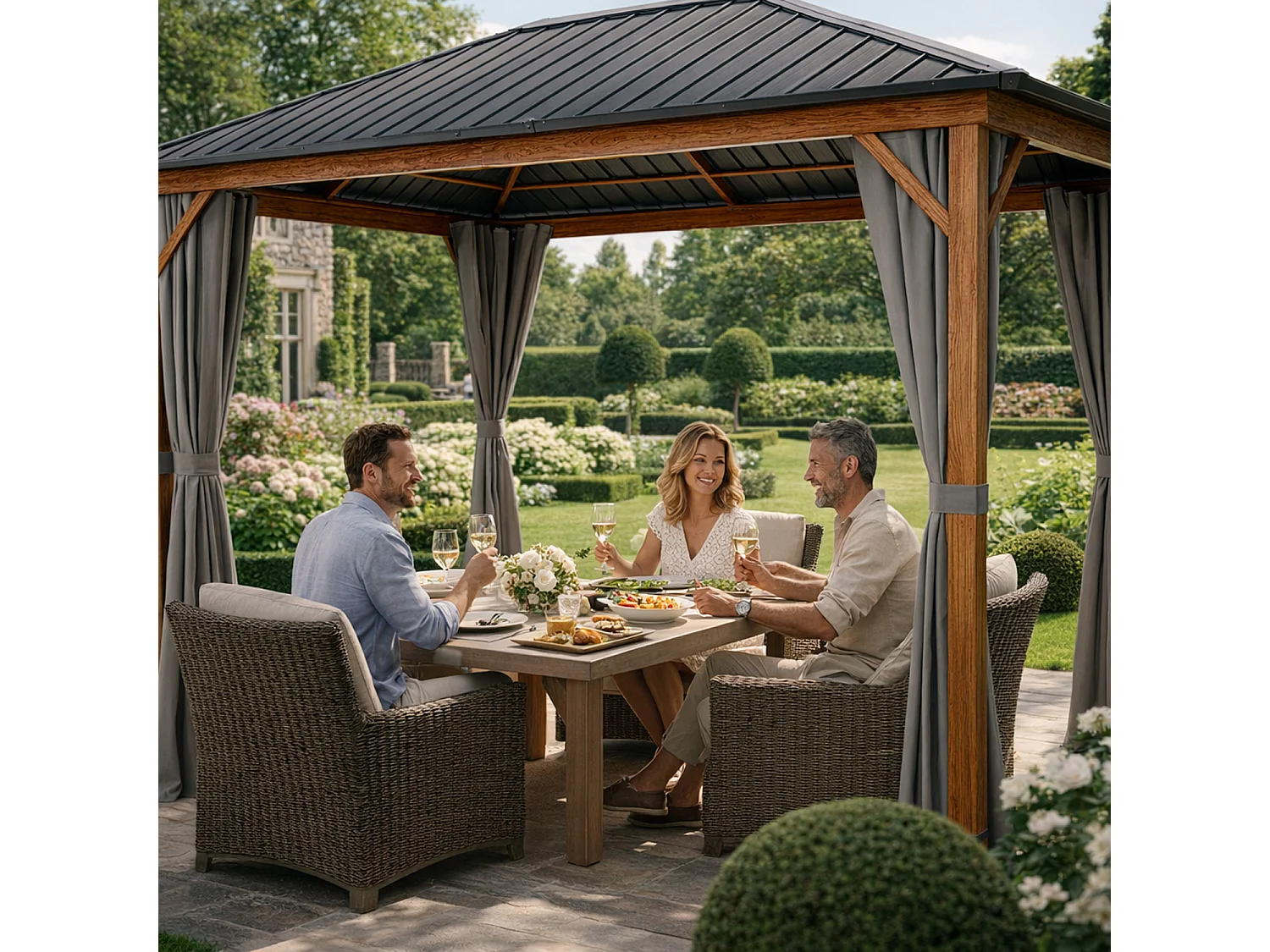 Gazebo Da Giardino Metri Con Copertura In Acciaio Zincato Struttura Decorazione Effetto Legno E Tende Laterali Impermeabili Per Patio Effetto Legno E Grigio