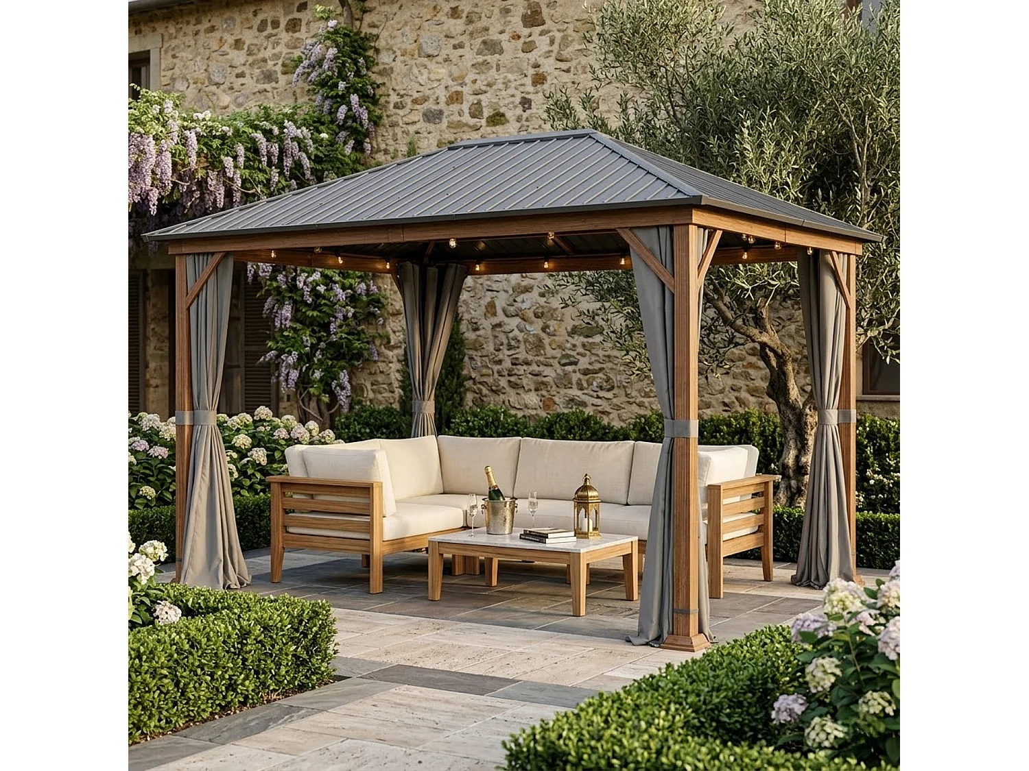 Gazebo Da Giardino Metri Con Copertura In Acciaio Zincato Struttura Decorazione Effetto Legno E Tende Laterali Impermeabili Per Patio Effetto Legno E Grigio