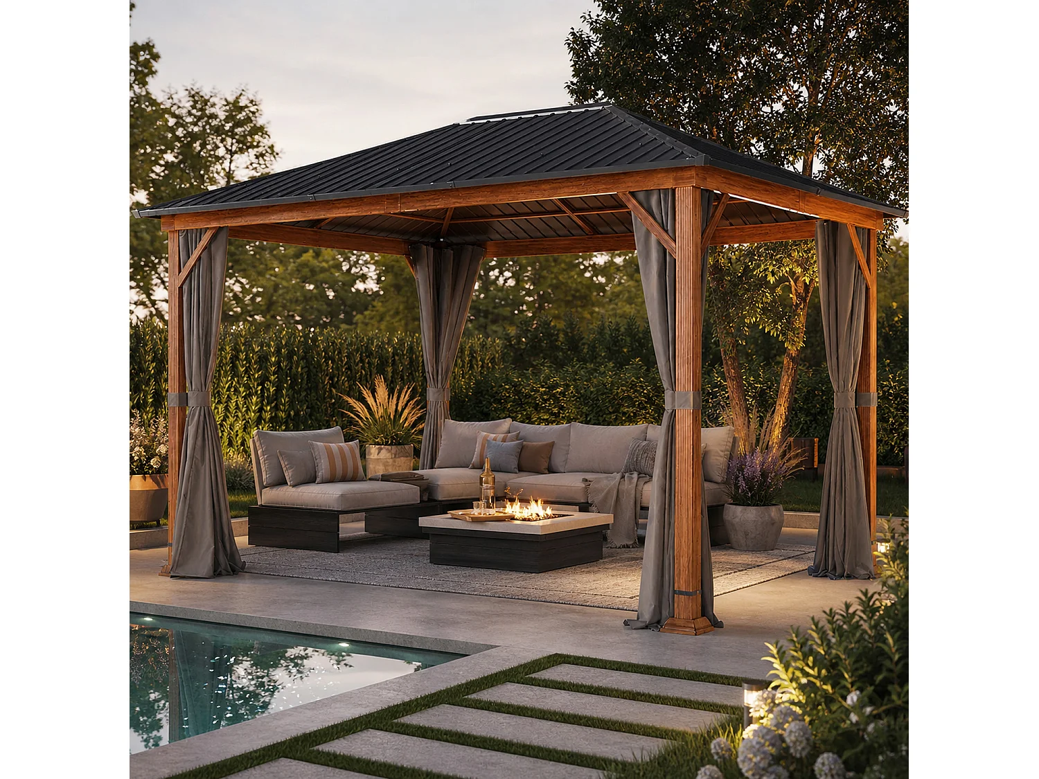 Gazebo Da Giardino Metri Con Copertura In Acciaio Zincato Struttura Decorazione Effetto Legno E Tende Laterali Impermeabili Per Patio Effetto Legno E Grigio