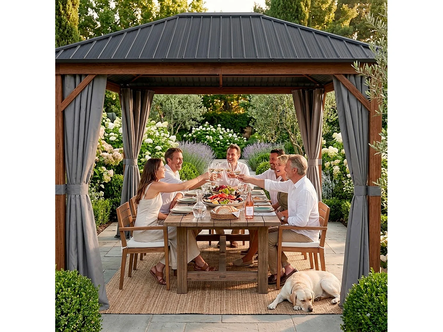 Gazebo Da Giardino Metri Con Copertura In Acciaio Zincato Struttura Decorazione Effetto Legno E Tende Laterali Impermeabili Per Patio Effetto Legno E Grigio
