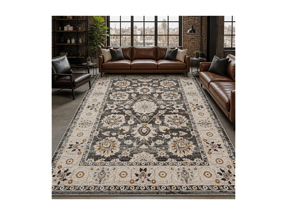 Alfombra oriental, 120 x 170 cm, negra y beige, relieve elegante, LYN51 OPALE