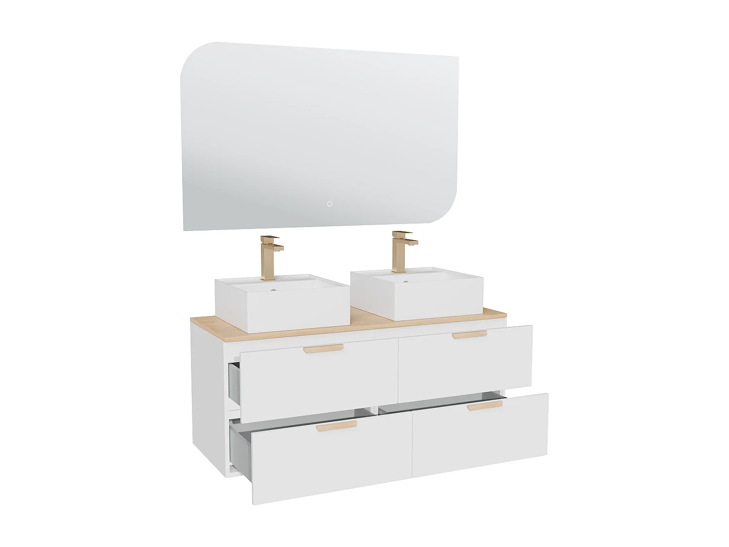 Meuble de salle de bain suspendu avec vasque à poser carrée, robinet et miroir – Blanc – L120 cm – AVORELI