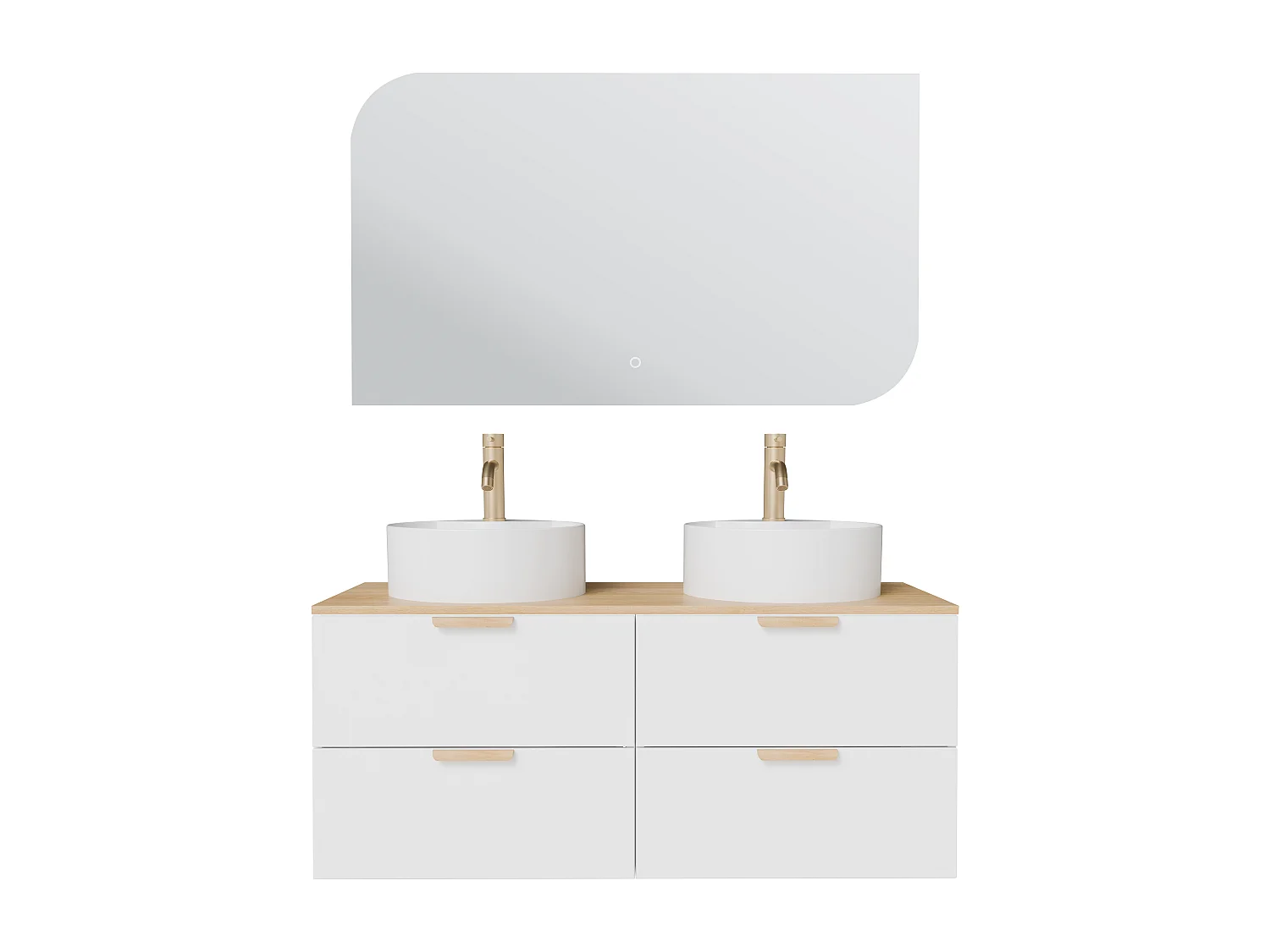 Meuble de salle de bain suspendu avec vasque à poser ronde, robinet et miroir – Blanc – L120 cm – AVORELI