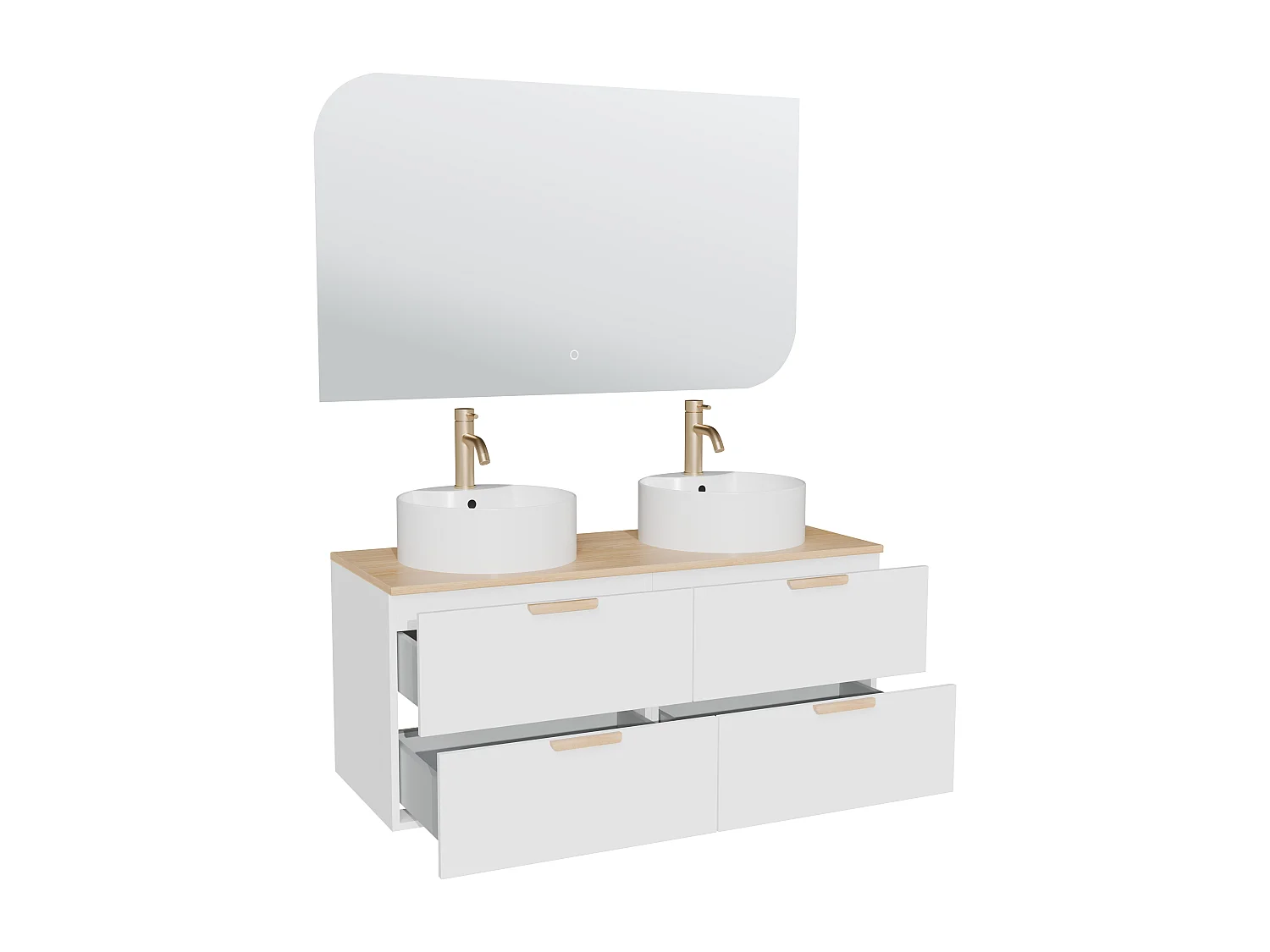 Meuble de salle de bain suspendu avec vasque à poser ronde, robinet et miroir – Blanc – L120 cm – AVORELI