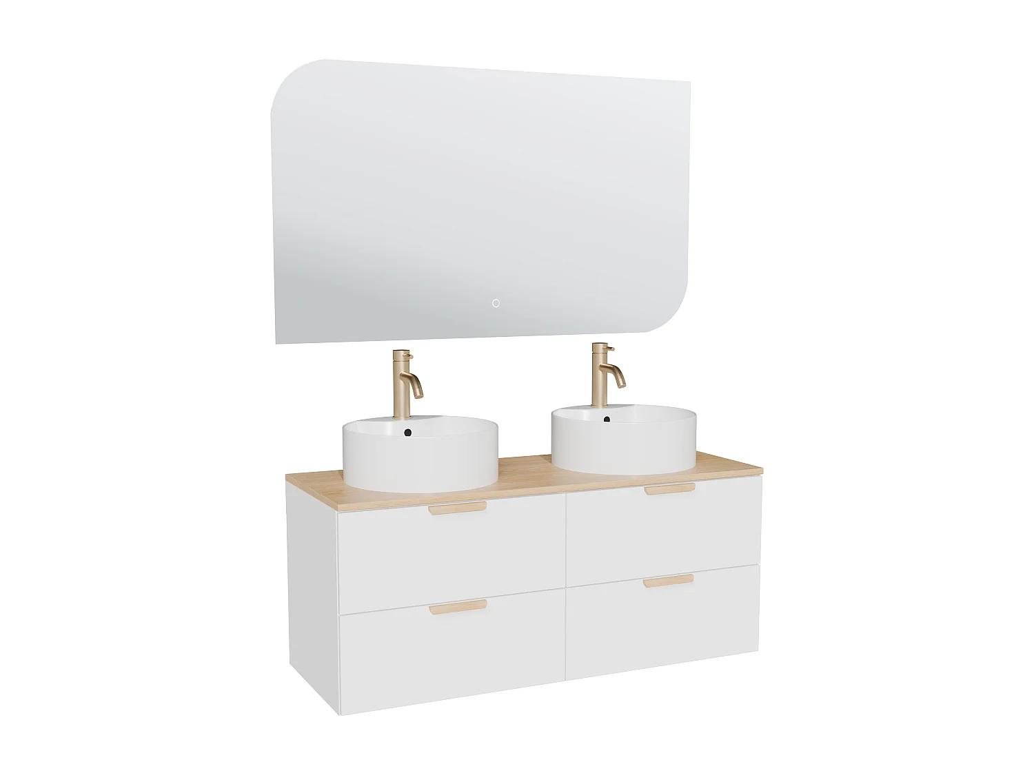 Meuble de salle de bain suspendu avec vasque à poser ronde, robinet et miroir – Blanc – L120 cm – AVORELI