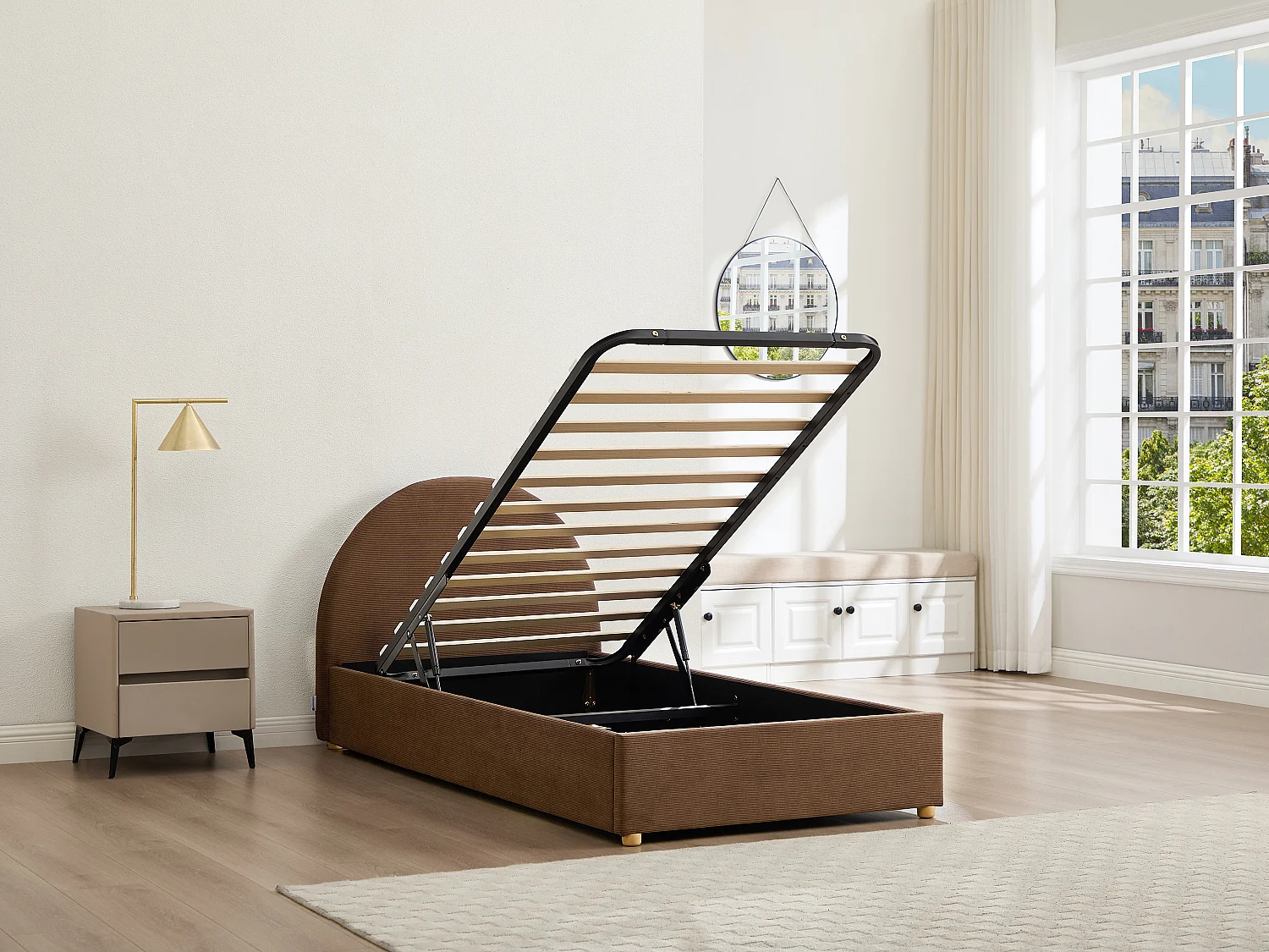 Lit coffre 90 x 190 cm - Velours côtelé - Marron + Matelas - LIRIMO