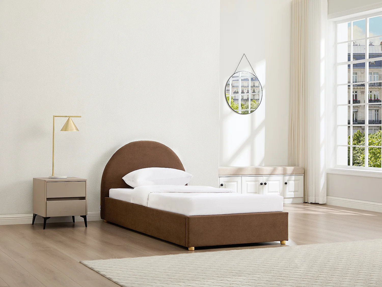 Lit coffre 90 x 190 cm - Velours côtelé - Marron + Matelas - LIRIMO