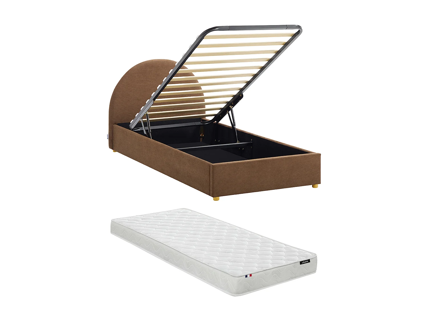 Lit coffre 90 x 190 cm - Velours côtelé - Marron + Matelas - LIRIMO