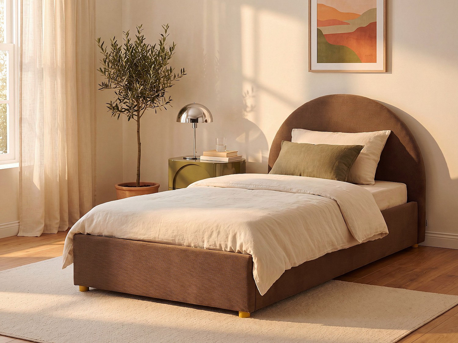 Bett mit Bettkasten 90 x 190 cm - Cord-Samt - Braun + Matratze - LIRIMO