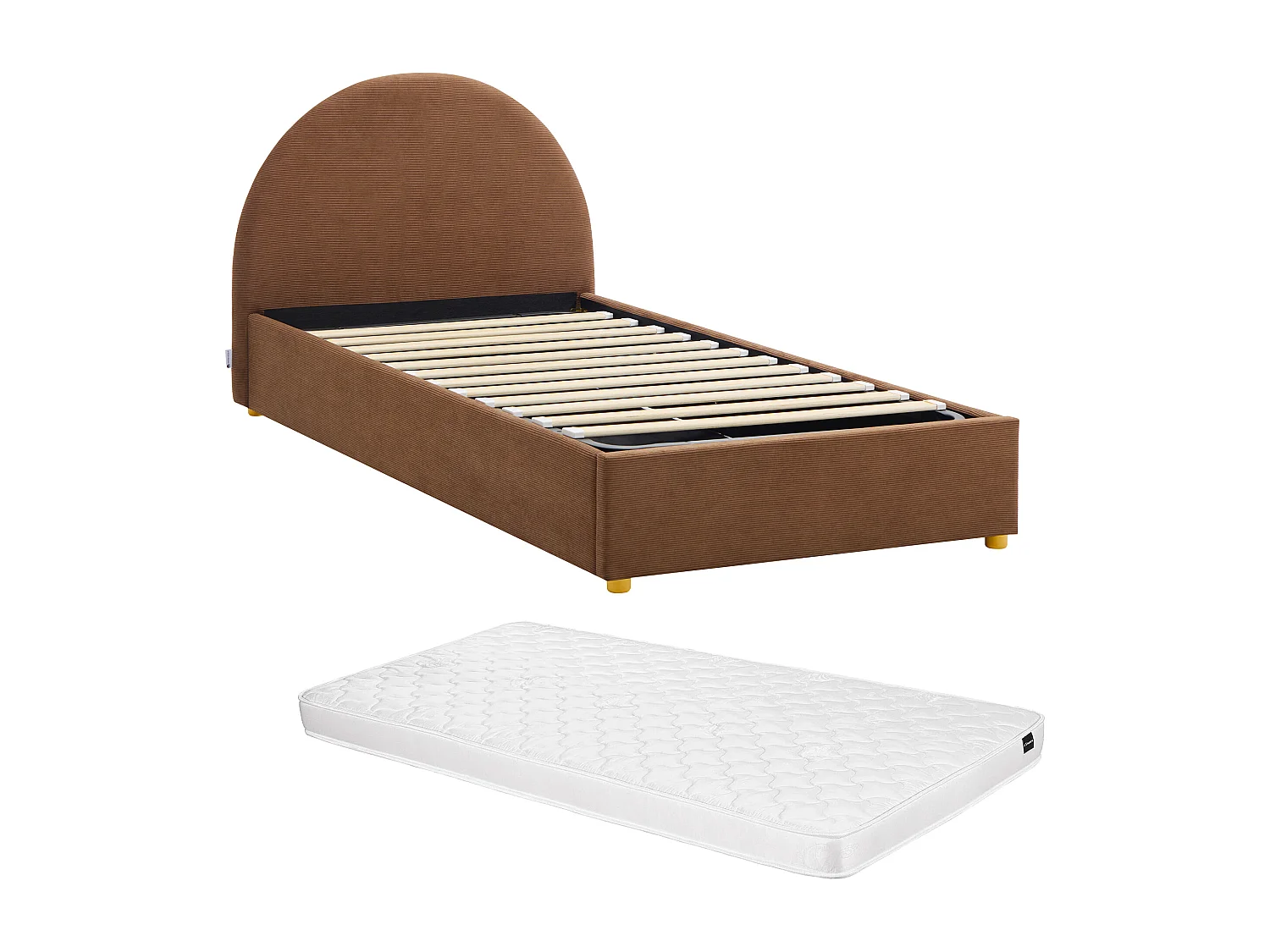 Lit coffre 90 x 190 cm - Velours côtelé - Marron + Matelas - LIRIMO