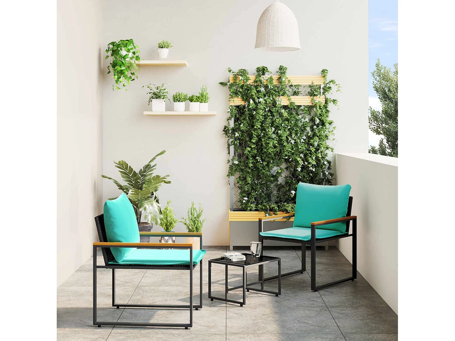 Ensembles de meubles avec coussin 3 pièces Noir et turquoise Rotin