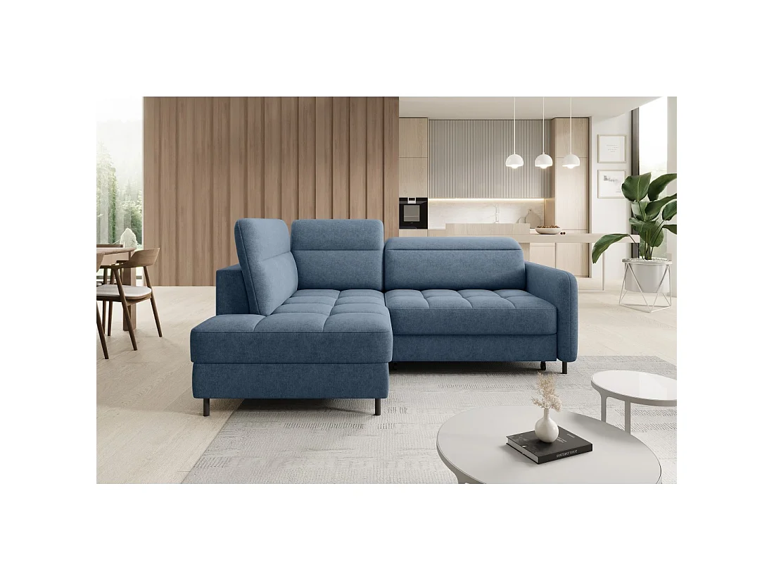 Canapé d'angle gauche convertible BARNEA 208 cm bleu marine chiné avec rangement