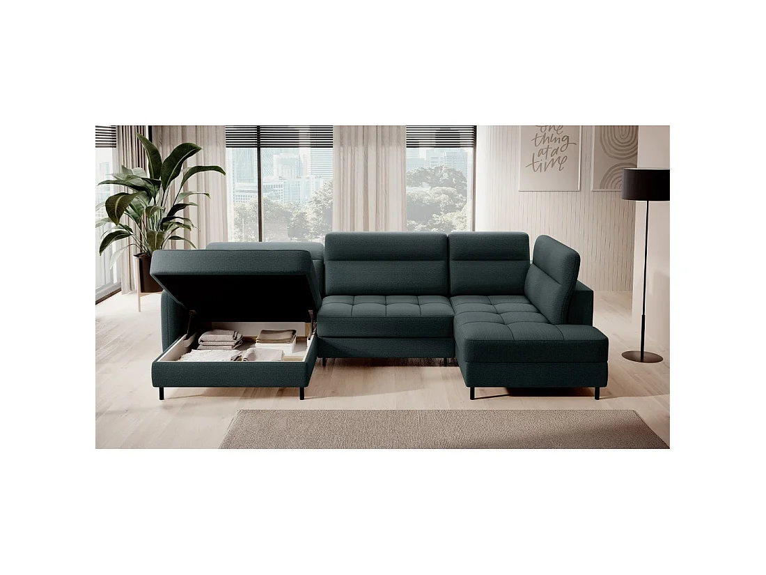 Canapé d'angle convertible BERTHO 306 cm vert foncé – Angle gauche avec coffre