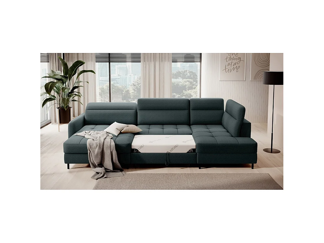 Canapé d'angle convertible BERTHO 306 cm vert foncé – Angle gauche avec coffre
