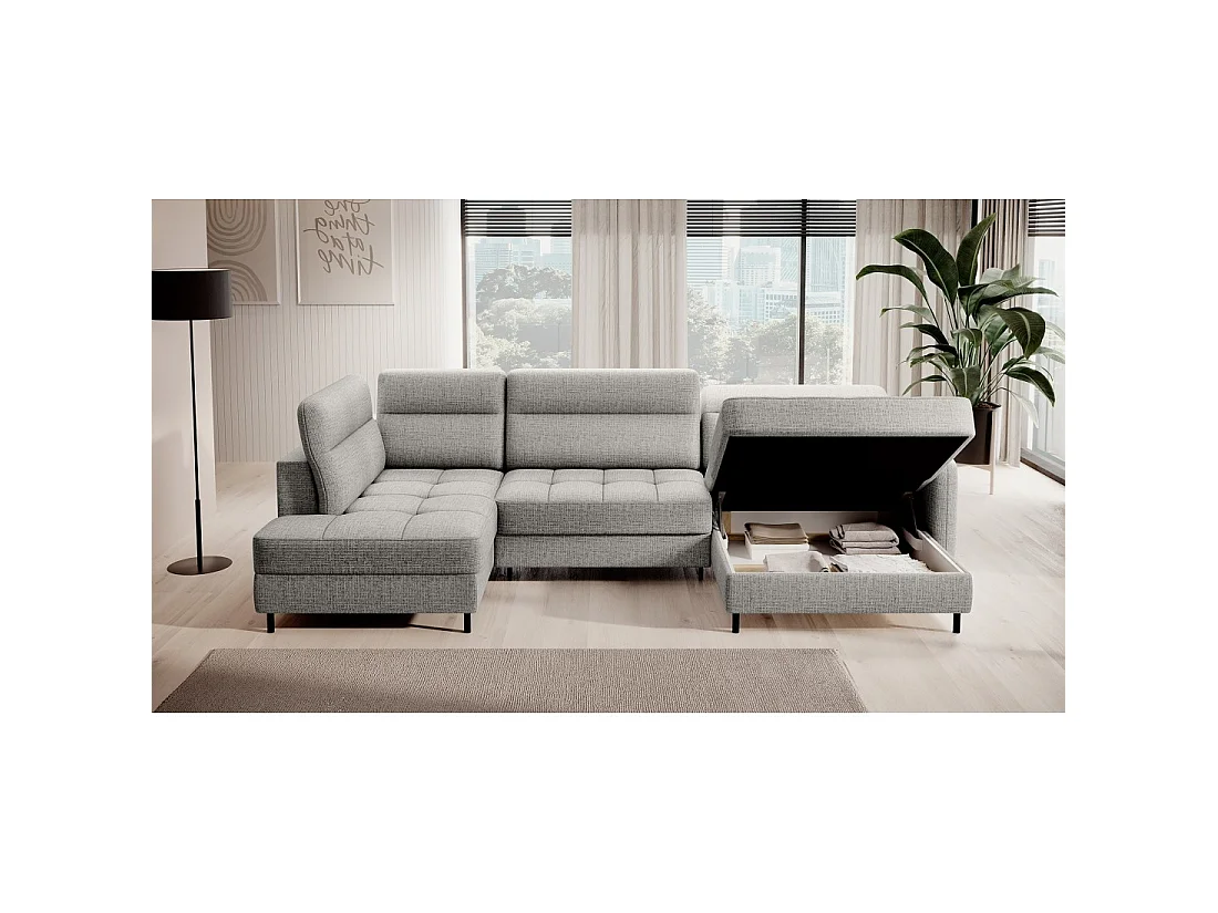 Canapé d'angle convertible BERTHO 306 cm gris clair effet chiné – Angle droit avec coffre