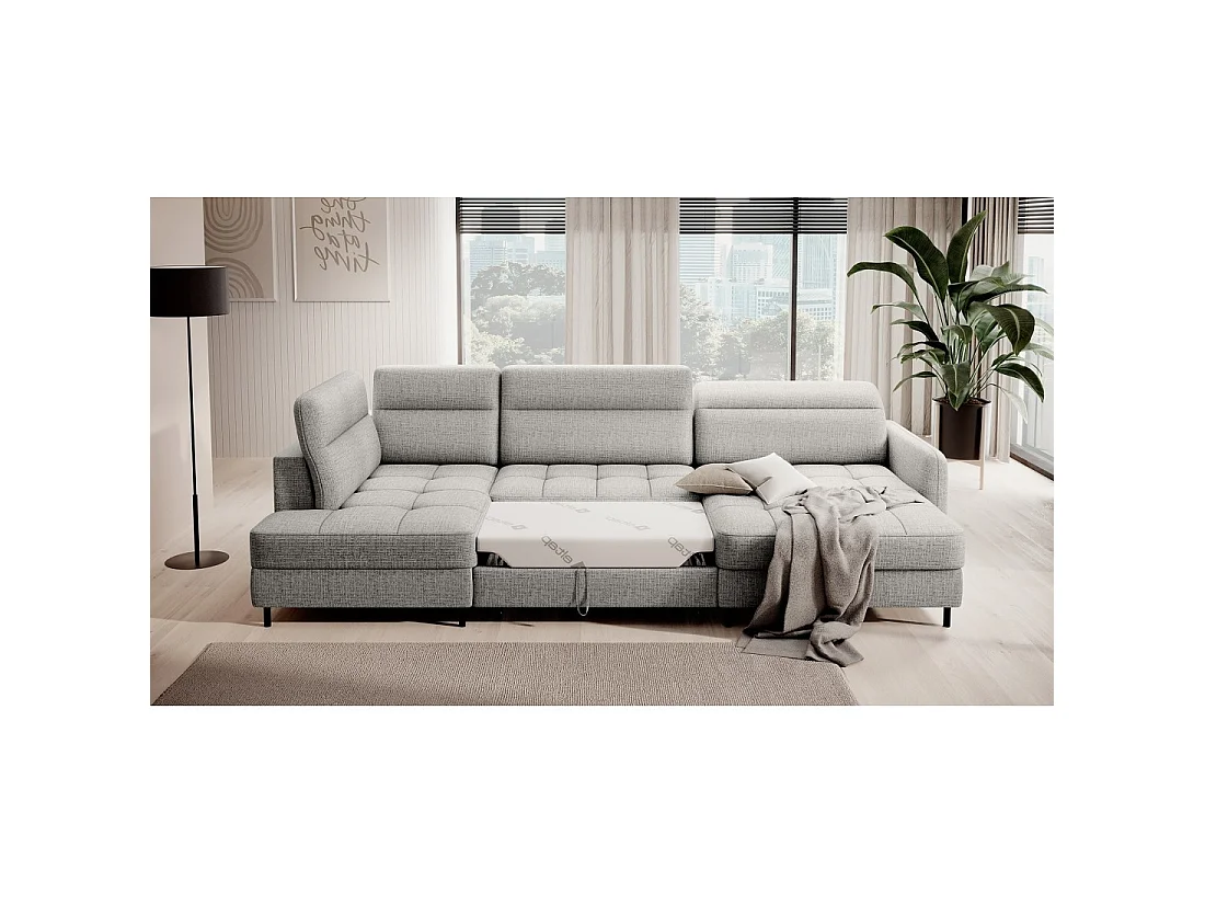 Canapé d'angle convertible BERTHO 306 cm gris clair effet chiné – Angle droit avec coffre