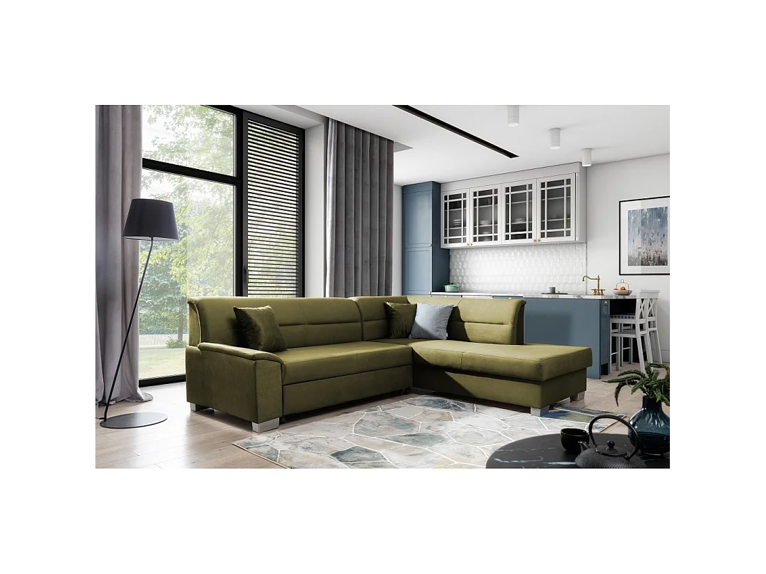 Canapé d'angle convertible TROMSO vert effet velours – Angle droit avec coffre