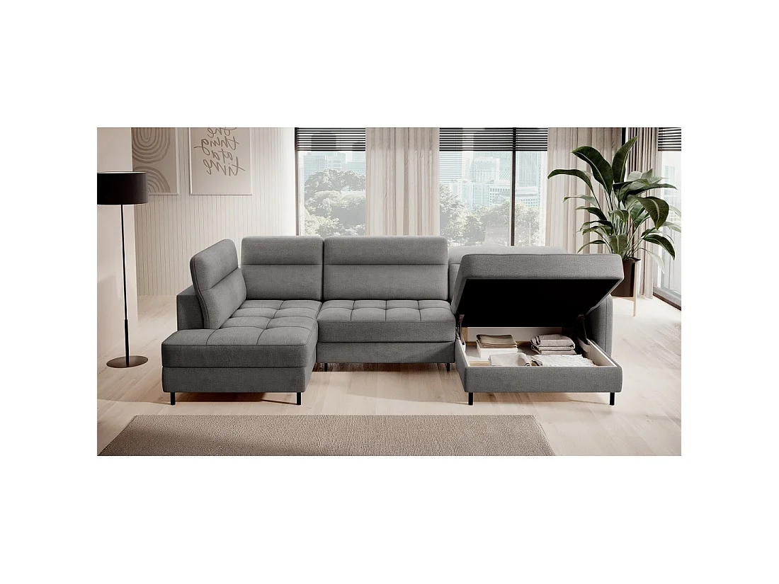 Canapé d'angle convertible BERTHO 306 cm gris foncé chenillé – Angle droit avec coffre