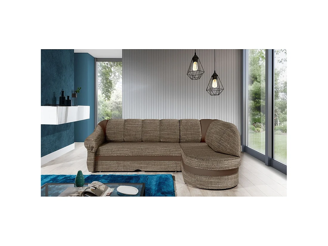 Canapé d'angle droit convertible BENANA 250 cm beige et marron avec coffre de rangement