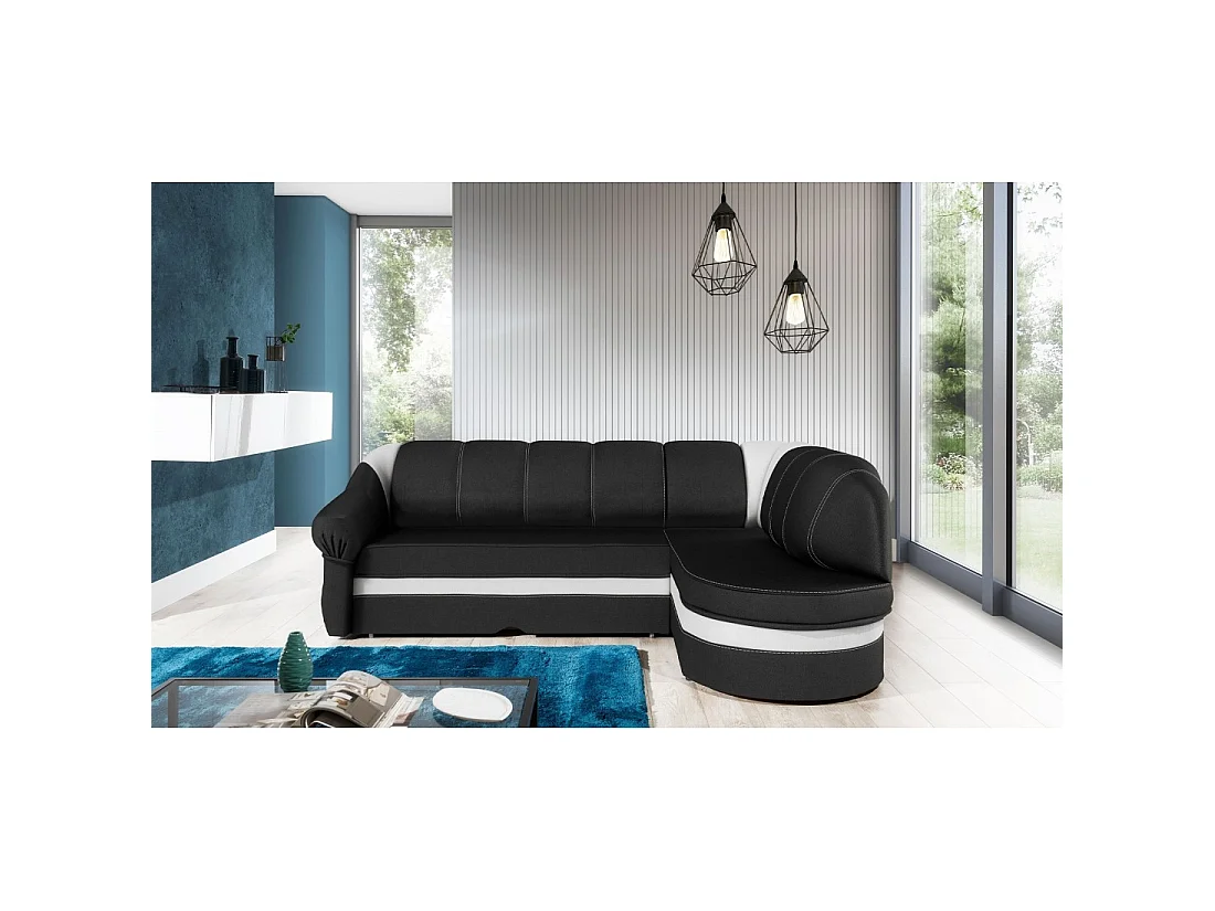 Canapé d'angle droit convertible BENANA 250 cm noir et blanc avec coffre de rangement