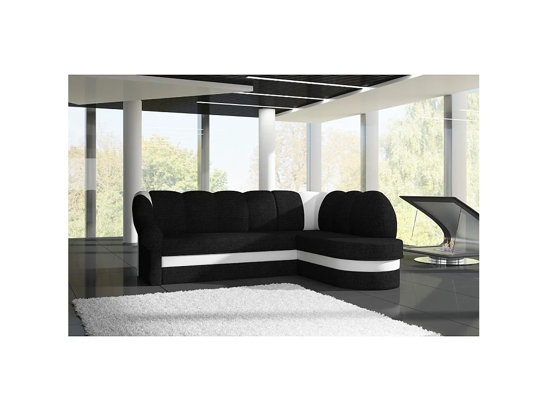 Canapé d'angle droit convertible BENANA 250 cm noir et blanc avec coffre de rangement