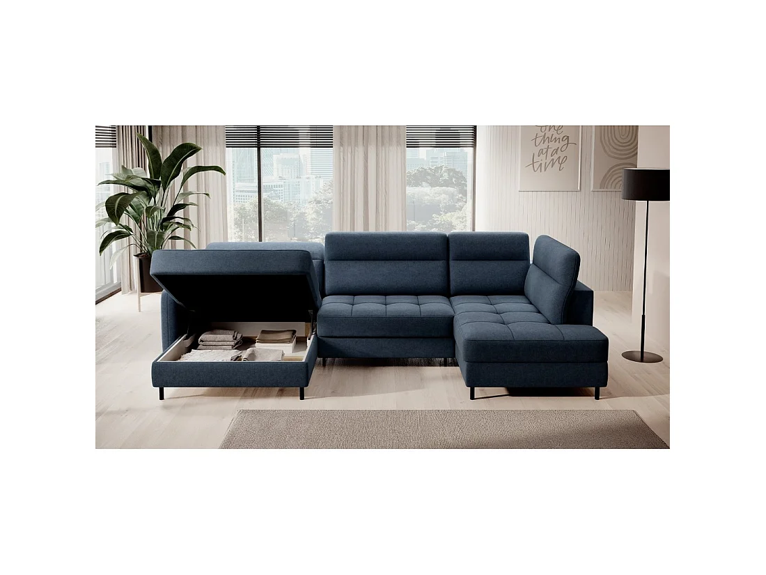 Canapé d'angle convertible BERTHO 306 cm bleu nuit – Angle gauche avec coffre