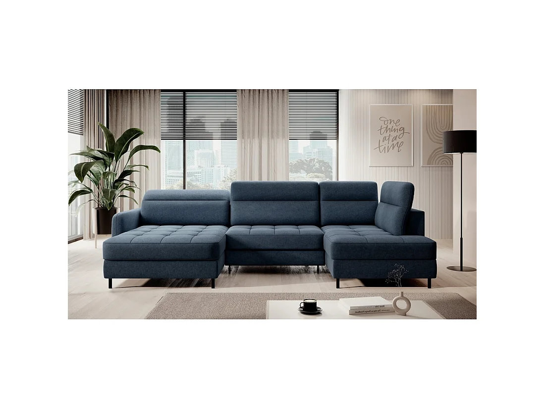Canapé d'angle convertible BERTHO 306 cm bleu nuit – Angle gauche avec coffre