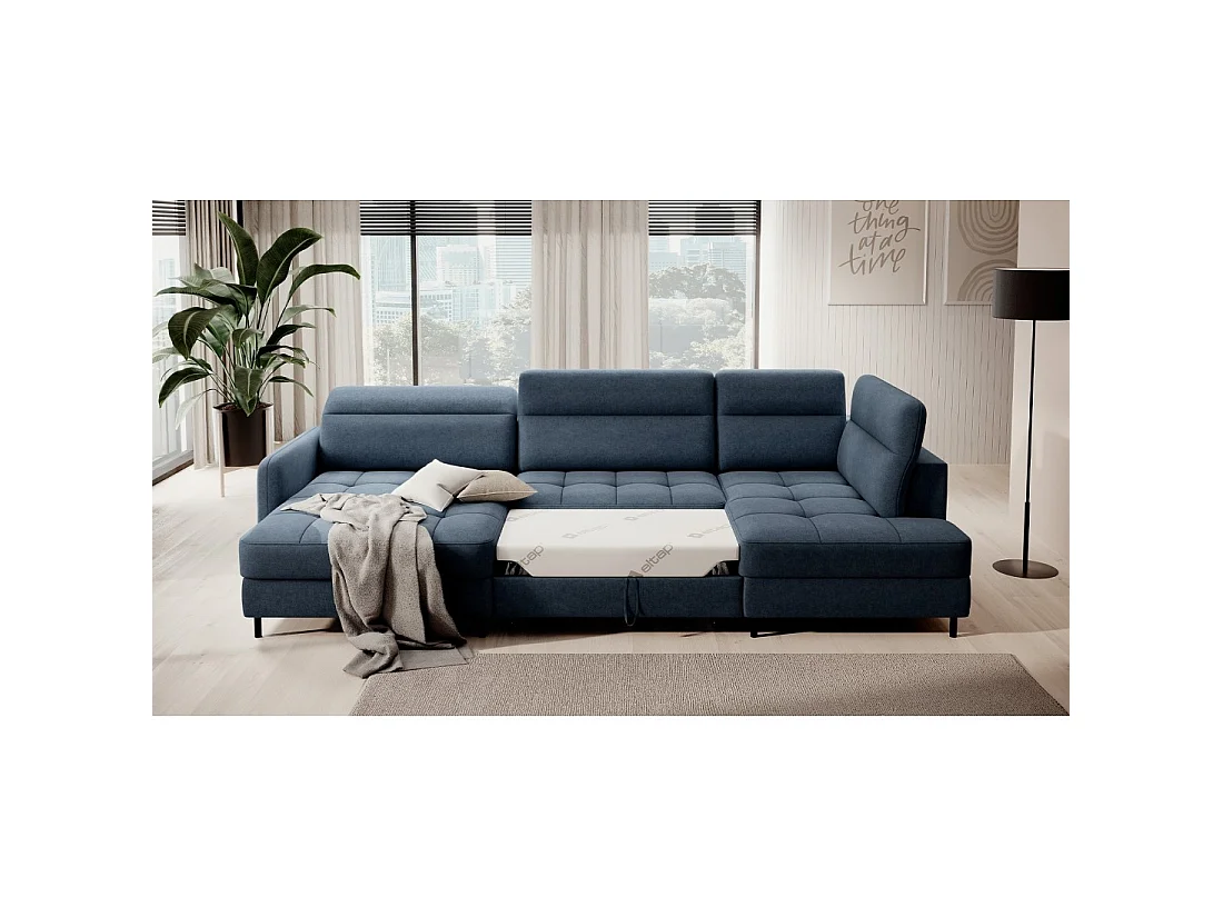 Canapé d'angle convertible BERTHO 306 cm bleu nuit – Angle gauche avec coffre