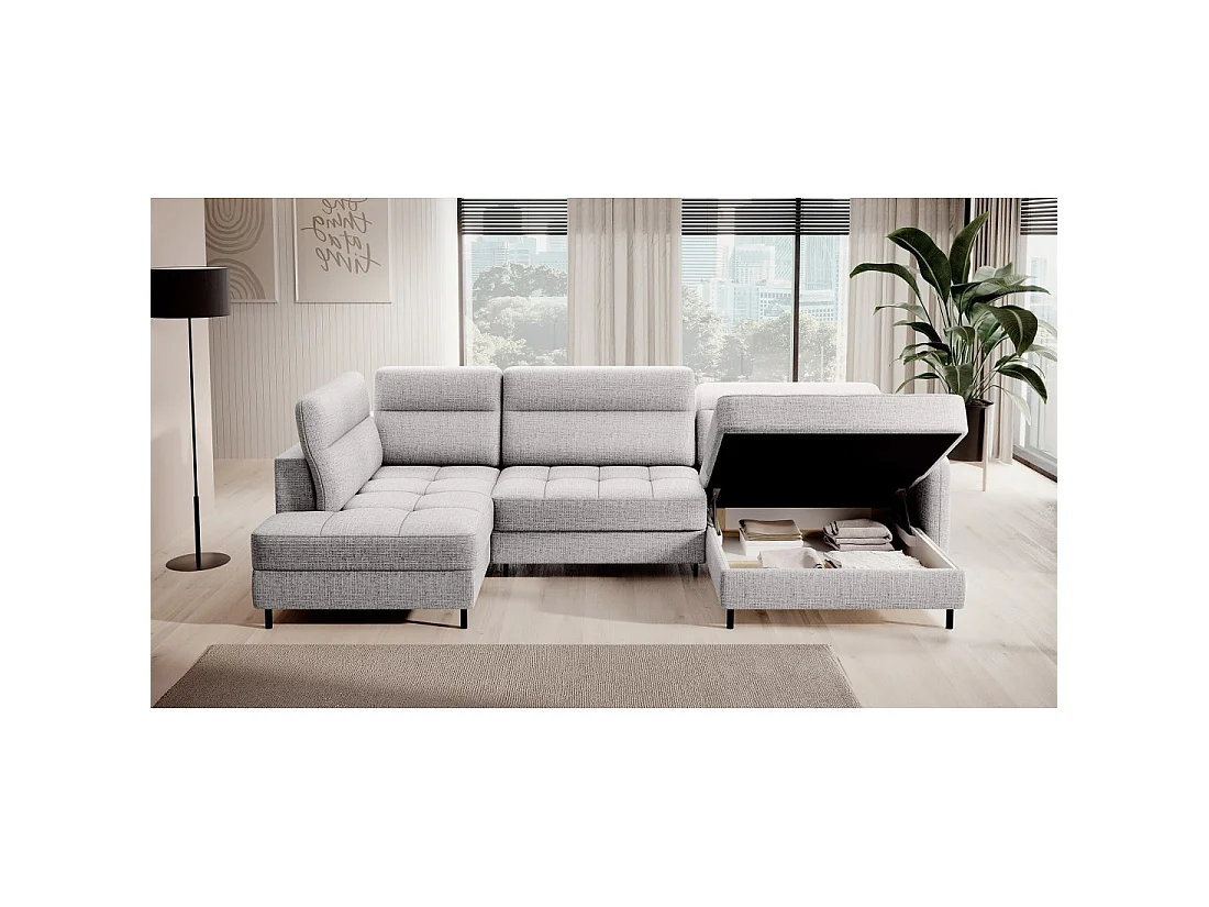 Canapé d'angle convertible BERTHO 306 cm gris clair effet chiné – Angle droit avec coffre