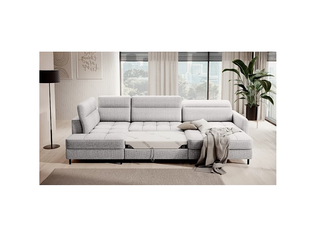 Canapé d'angle convertible BERTHO 306 cm gris clair effet chiné – Angle droit avec coffre
