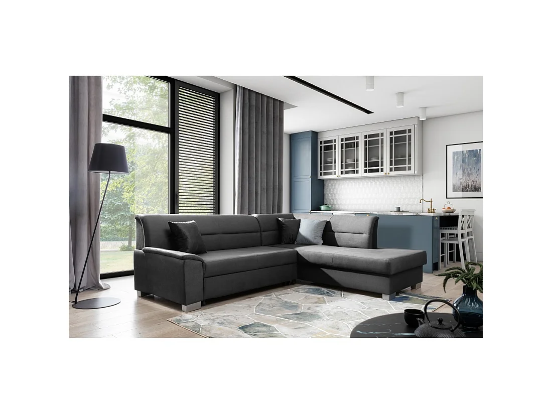 Canapé d'angle convertible TROMSO gris foncé effet velours – Angle droit avec coffre
