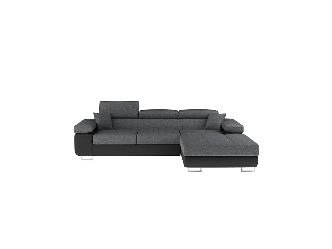 Canapé d'angle convertible AMANDA gris chiné et noir – Tissu effet lin – Angle droit
