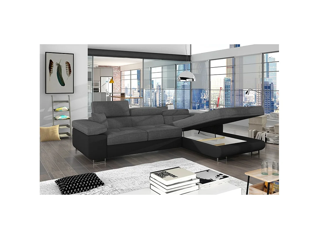 Canapé d'angle convertible AMANDA gris chiné et noir – Tissu effet lin – Angle droit