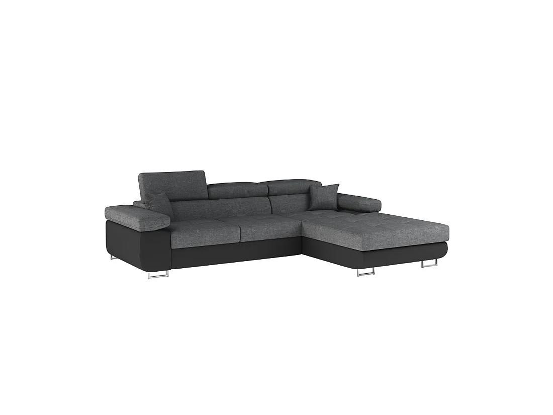 Canapé d'angle convertible AMANDA gris chiné et noir – Tissu effet lin – Angle droit