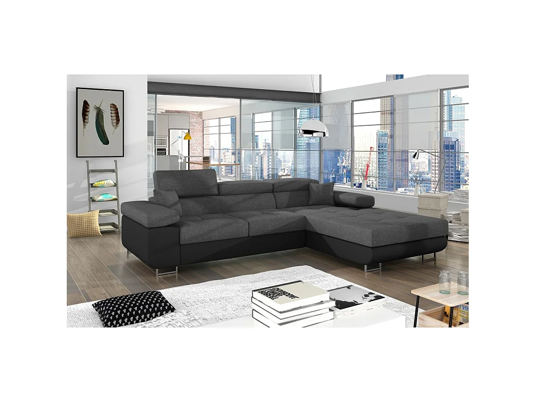 Canapé d'angle convertible AMANDA gris chiné et noir – Tissu effet lin – Angle droit