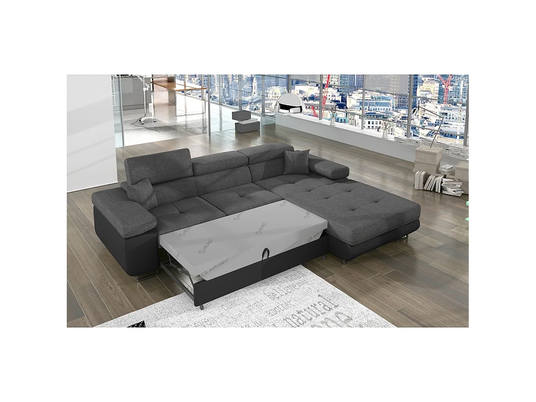 Canapé d'angle convertible AMANDA gris chiné et noir – Tissu effet lin – Angle droit