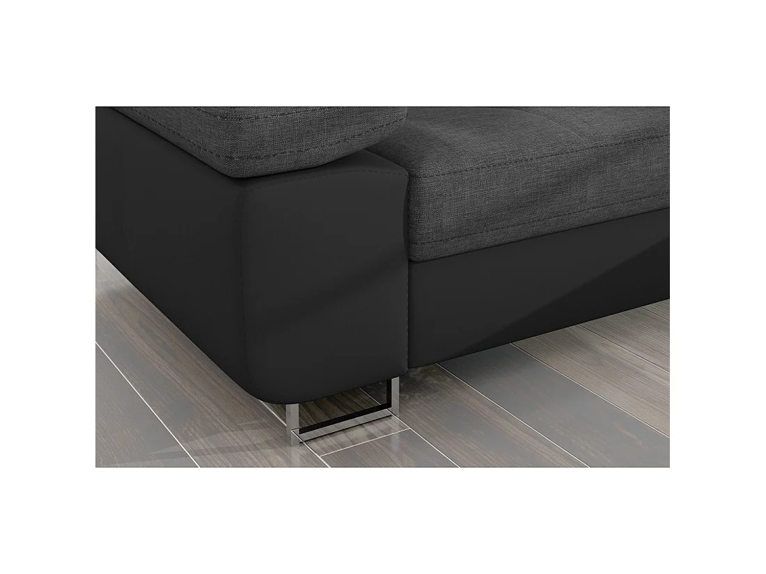 Canapé d'angle convertible AMANDA gris chiné et noir – Tissu effet lin – Angle droit