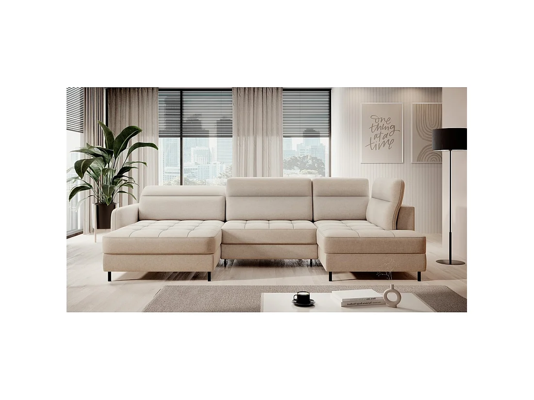 Canapé d'angle convertible BERTHO 306 cm beige – Angle gauche avec coffre