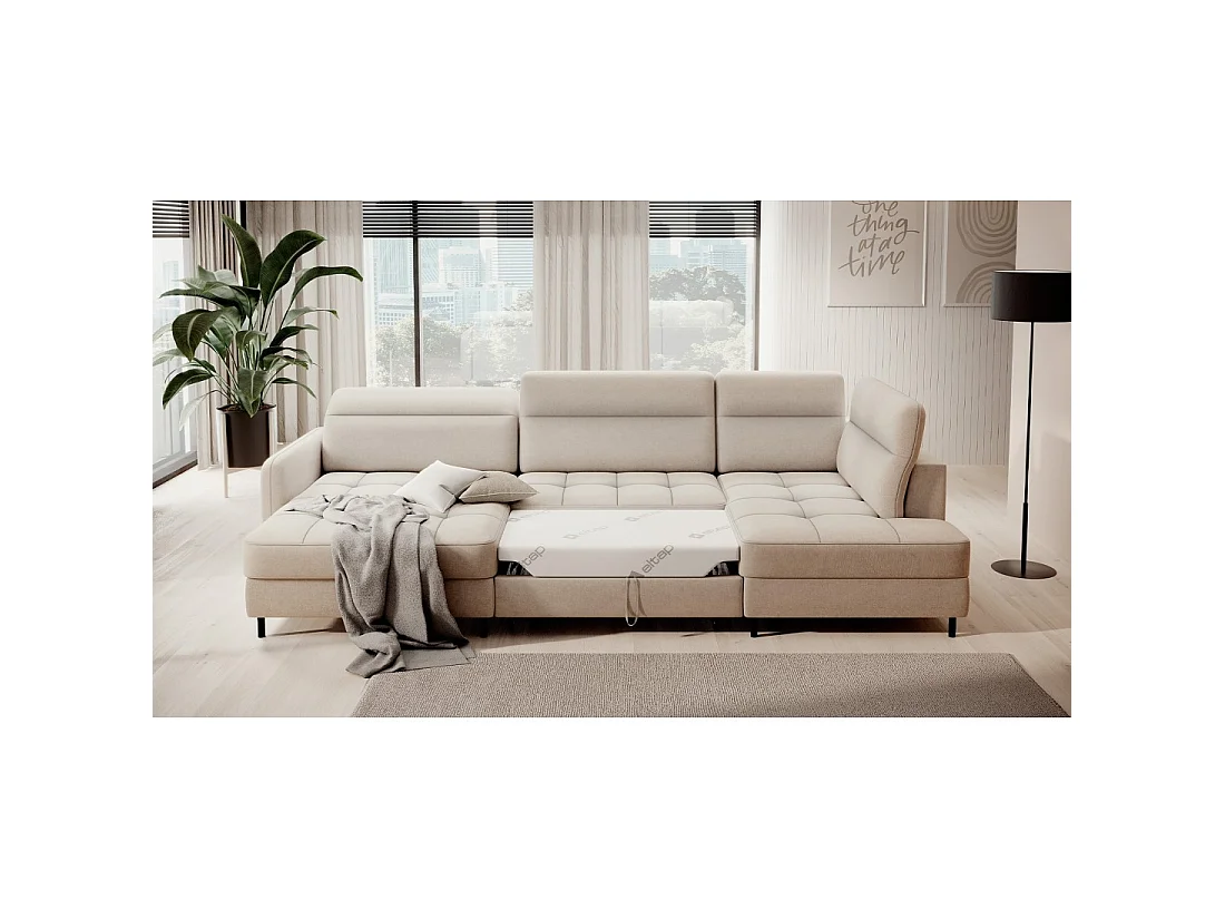 Canapé d'angle convertible BERTHO 306 cm beige – Angle gauche avec coffre
