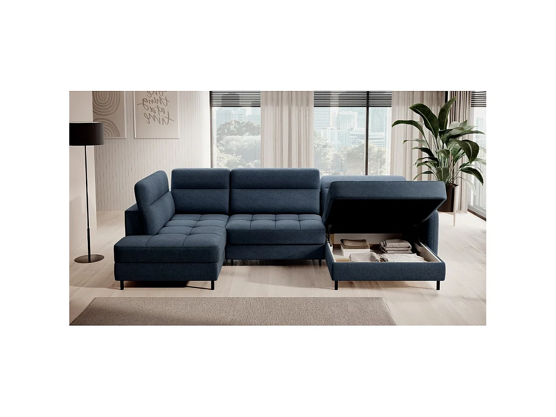 Canapé d'angle convertible BERTHO 306 cm bleu nuit – Angle droit avec coffre