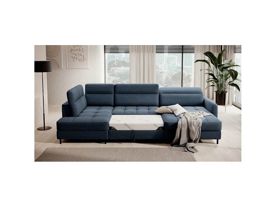 Canapé d'angle convertible BERTHO 306 cm bleu nuit – Angle droit avec coffre