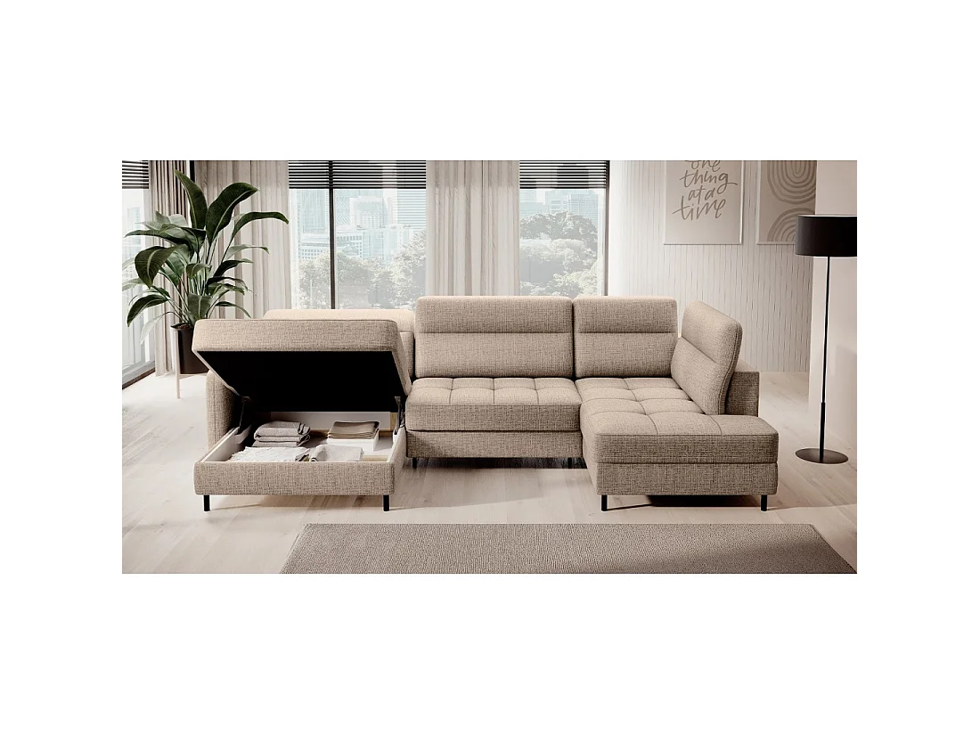 Canapé d'angle convertible BERTHO 306 cm beige clair – Angle gauche avec coffre