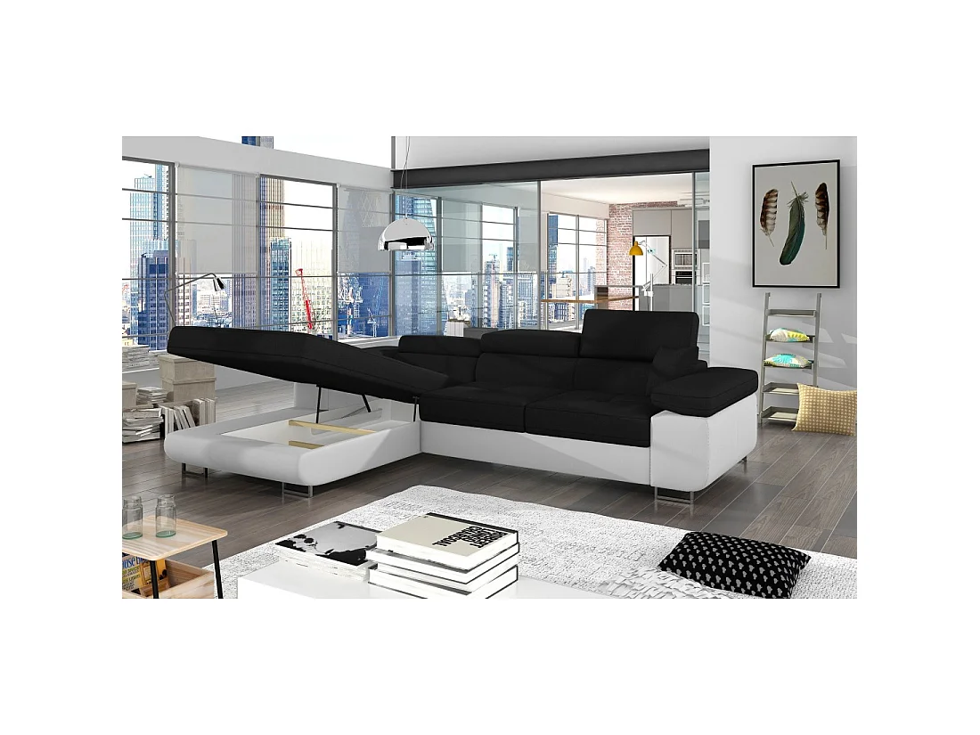 Canapé d'angle convertible AMANDA noir et blanc en tissu chiné