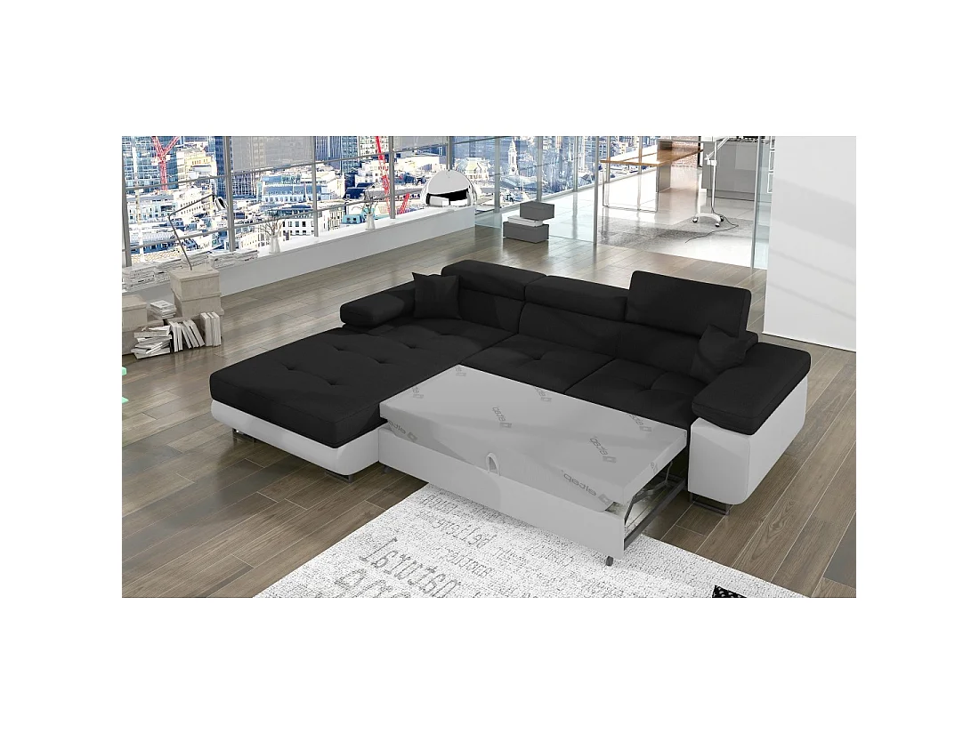 Canapé d'angle convertible AMANDA noir et blanc en tissu chiné