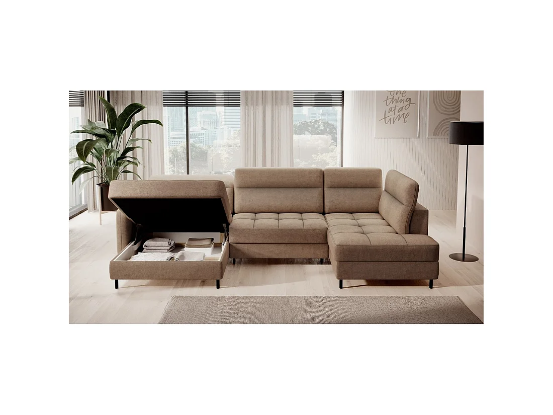Canapé d'angle convertible BERTHO 306 cm marron clair – Angle gauche avec coffre