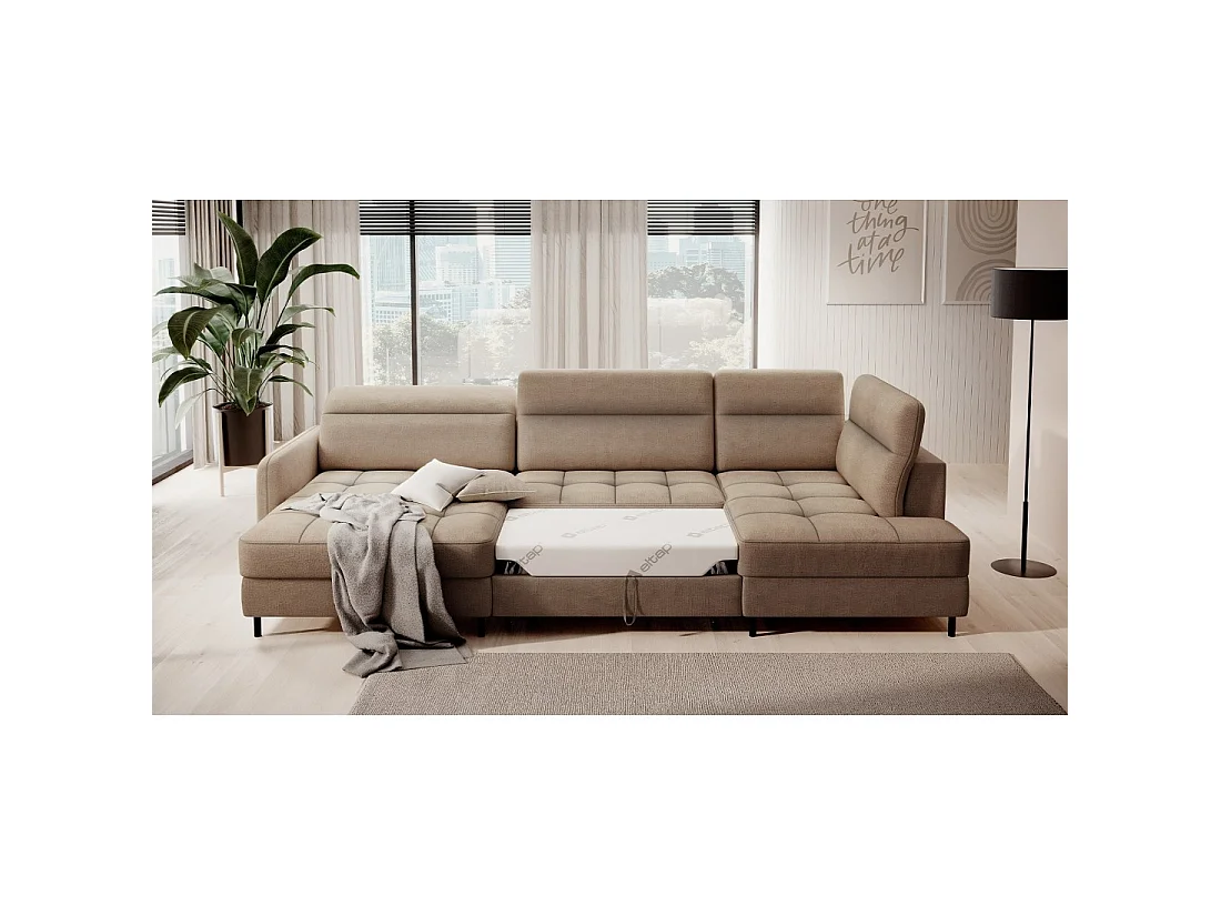 Canapé d'angle convertible BERTHO 306 cm marron clair – Angle gauche avec coffre