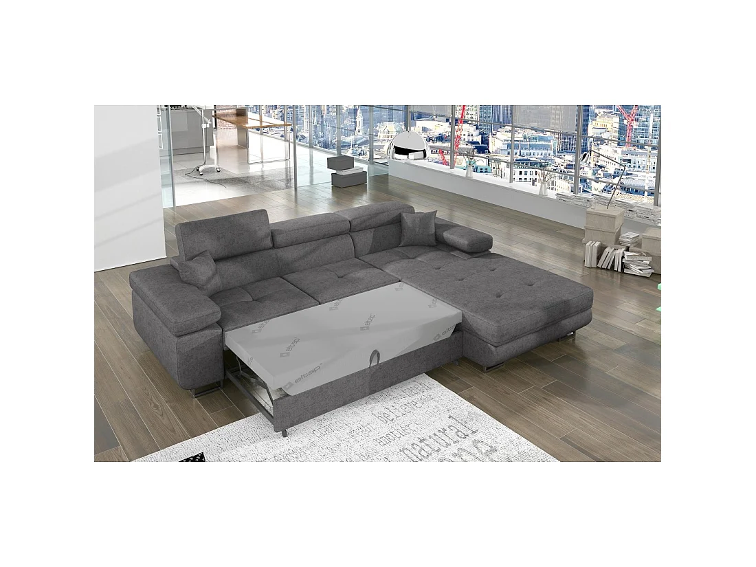 Canapé d'angle convertible AMANDA gris chiné en tissu jacquard avec coffre