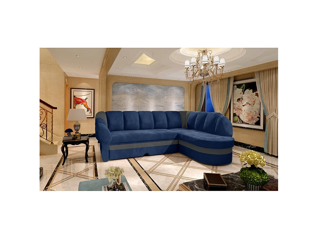 Canapé d'angle droit convertible BENANA 250 cm bleu foncé et gris avec coffre